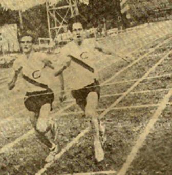 Campions Tim Schoenfelder (L) & Rocky Moran finishing one mile run. Moran won in 4:37.2.  Tim ran second.1968
